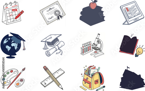A collection of hand drawn education and schooling icons representing learning concepts