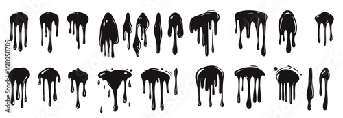 Silhouette dripping paint or black liquid melting, vector illustration set isolated on a white background. Dripping oil, cartoon style design elements collection.