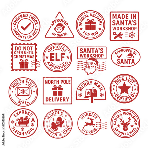 collection of red christmas postage stamp vector icons with santa, elves, reindeer and mail labels on white background, includes funny slogans