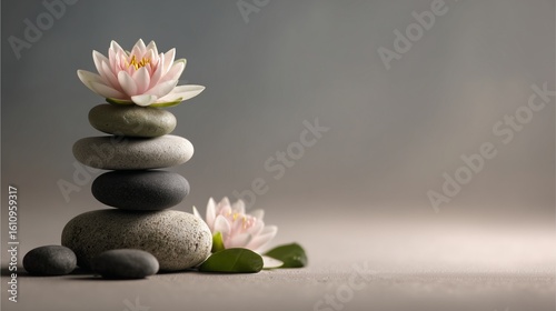 Zen Harmony: A serene display of stacked stones, balanced meticulously, crowned by delicate lotus blossoms, embodying tranquility and spiritual balance against a neutral background. 