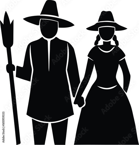 pilgrim couple vector silhouette clipart illustration ideal for autumn holiday and thanksgiving art