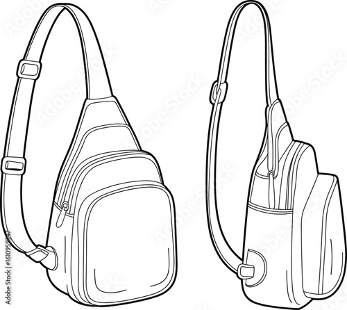 CAD drawing flat vector illustration of modern sling bag design, adjustable strap, multiple compartments, front and side view layout, sleek travel accessory, technical fashion sketch