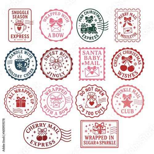 vector coquette christmas postage stamps in pink red and navy with bows cherries and sparkles