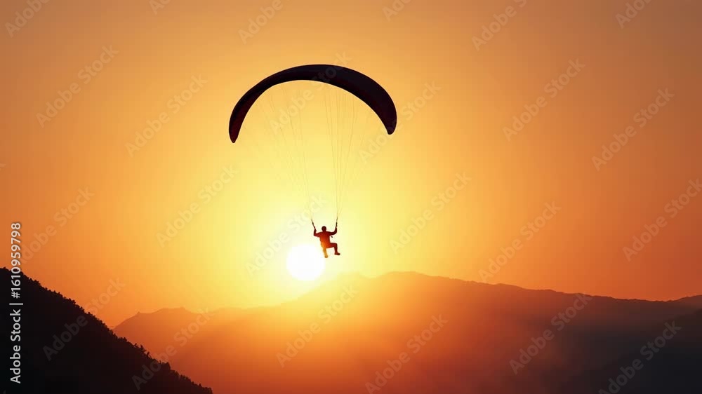 Lonely silhouette of pilot fly on parachute in sunset. Beautiful epic pink sunset over mountains. Professional paraglider enjoys fresh air and extreme adrenaline while in air. Lonely silhouette of pilot fly on parachute in sunset. Beautiful epic pink sunset over mountains. Professional paraglider enjoys fresh air and extreme adrenaline while in air.