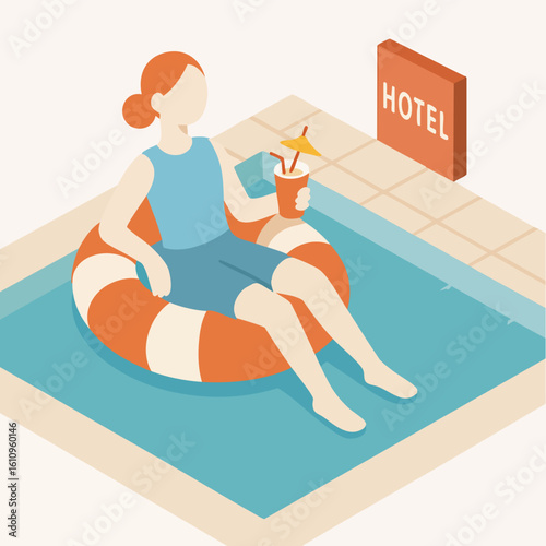Isometric Woman Relaxing on Inflatable Ring in Hotel Swimming Pool Illustration