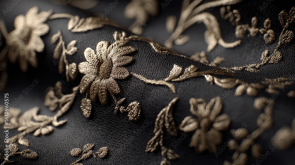 Naklejka premium Luxurious black fabric with intricate gold floral embroidery, elegant abstract pattern