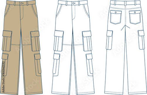CAD drawing flat vector illustration of multi-pocket cargo trousers, front and back view, utility work pants technical sketch for fashion design, detailed template