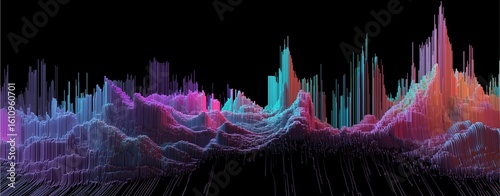 Abstract 3D Visualization: An impressive 3D rendering unveils a vibrant landscape of data points and digital textures. The scene radiates with shades, offering a glimpse into the world of information.