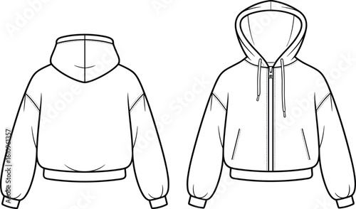 Women's cropped zip-up hoodie flat sketch for casual wear, trendy sportswear apparel CAD template, long sleeve, front and back view, customizable vector illustration, professional fashion drawing.