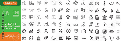 Credit Loans and Mortgages web icons in outline style. Credit card, deposit, car leasing, rate interest, calculator, income, rating, collection. Editable stroke 