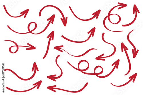 Hand drawn arrows icon set. Sketch curved arrows design. Arrow handmade. Doodle arrows of varios shapes and directions. Pointer and cursor icons.