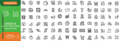 Credit Loans and Mortgages web icons in outline style. Credit card, deposit, car leasing, rate interest, calculator, income, rating, collection. Editable stroke 