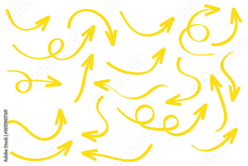 Hand drawn arrows icon set. Sketch curved arrows design. Arrow handmade. Doodle arrows of varios shapes and directions. Pointer and cursor icons.
