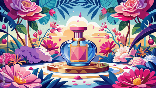 very Beautiful  close up Picture an exquisite scene where a bottle of perfume takes center stage atop a table, surrounded by a lush arrangement of pink flowers white background.