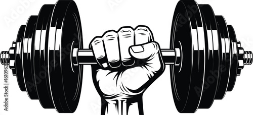 Hand holding dumbbell for weightlifting and strength training bodybuilding and fitness to get ripped and toned physique black and white illustration