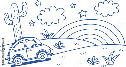 Whimsical cartoon car drives through a desert landscape with a rainbow and stars under a cloudy sky Art & Illustration