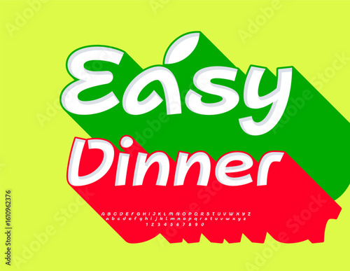 Vector Marketing poster Easy Dinner. 3D Font with Red Big Shadow. Creative Alphabet Letters and Numbers set