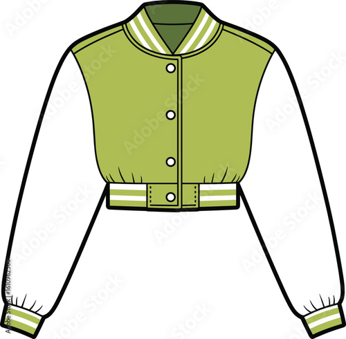 Trendy cropped bomber jacket vector illustration in green and white, featuring ribbed collar, cuffs, and hem, ideal fashion apparel design for casual outerwear and street style.