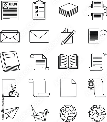 Icon set of office and school supplies in outline style vector illustration featuring resume documents checklist printer mail book origami