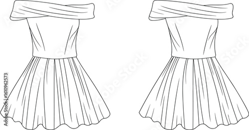 Cad drawing flat vector illustration of off-shoulder pleated short dress, technical fashion sketch front and back view for design reference