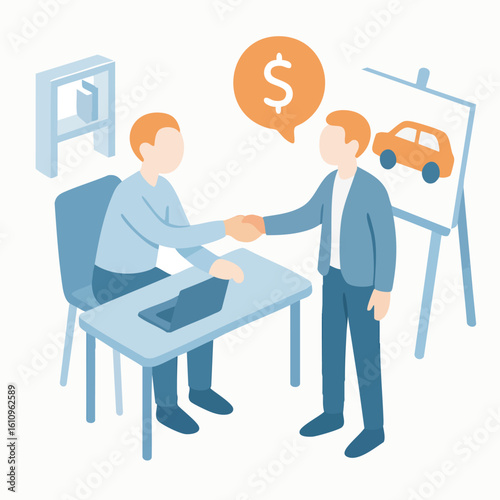 Isometric People Deal Handshake Illustration with Car and Dollar Concept