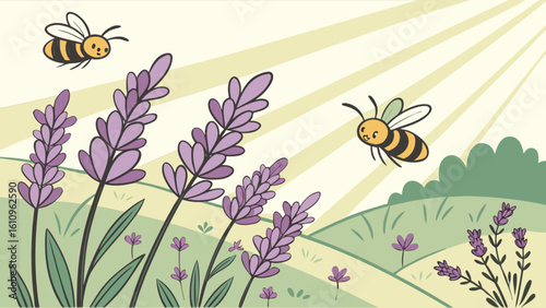 Two cartoon bees flying near lavender plants in a field with a sunburst background illustration
