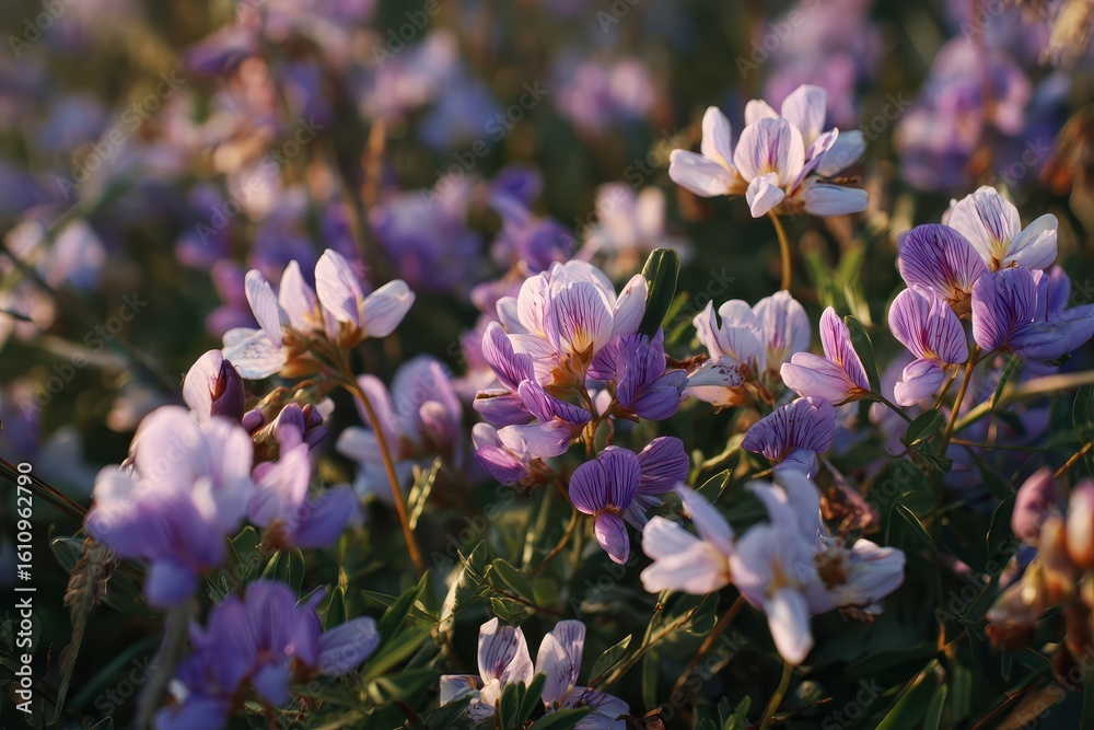Obraz premium Purple crown vetch flowers bloom in a sunny field on a warm day. Use for nature, spring, background, or floral themed projects.