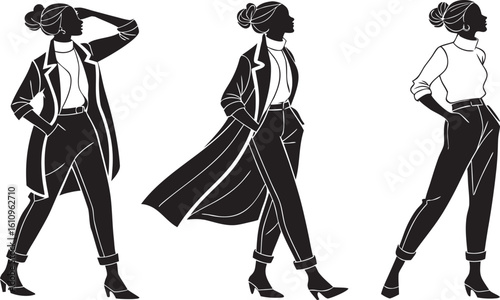 Fashionable female silhouettes showcasing stylish outfits with elegant coats and tailored trousers in a dynamic display Art & Illustration