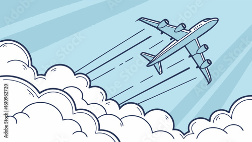 Airplane flying above the clouds with sun rays shining through in a cartoon style illustration art