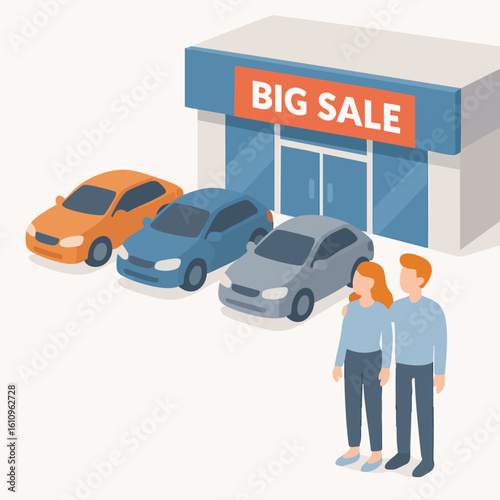 Isometric Car Dealership Showcase Display with Big Sale Announcement Illustration