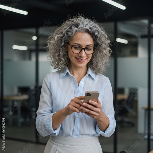 Smiling businesswoman with curly gray hair using her smartphone in an office