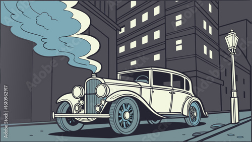 Vintage car with smoke in a dark city street with buildings and a street lamp in a retro cartoon style
