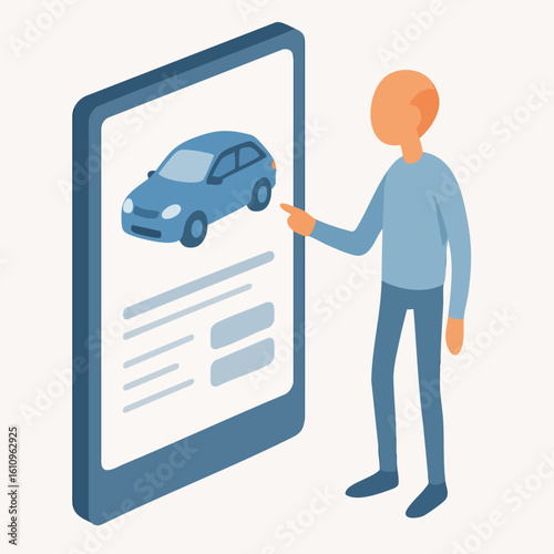 Isometric Man Pointing at Car on Tablet Screen Illustration