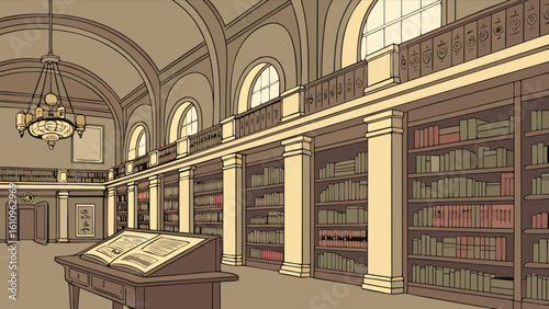 Illustration of a grand library interior with bookshelves and a large open book on a reading desk