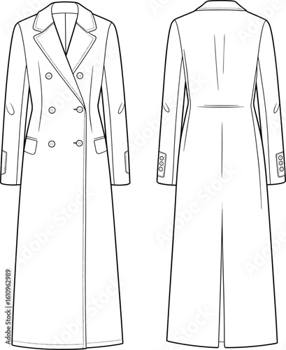 Stylish women's double-breasted long coat flat sketch for fashion design, elegant autumn winter outerwear apparel CAD template, front and back view, customizable vector illustration, fashion drawing.