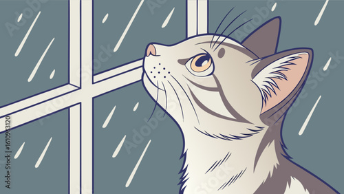 A curious cat gazes out the window at the rain falling outside on a gloomy and overcast day scene