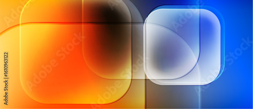 Abstract composition. Rounded squares overlap, creating vibrant color gradients. Warm tones transition into cool blues. Modern design.