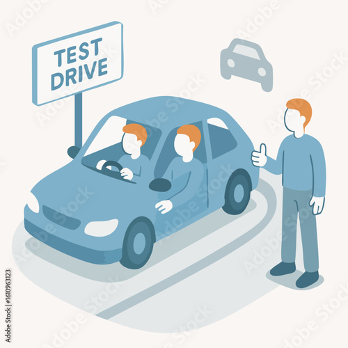 Isometric Style Detailed Car Test Drive Illustration on Road Design