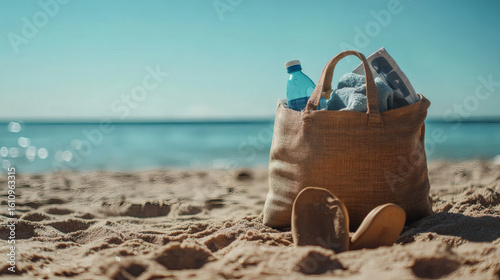 Beach bag on the sand by the sea.