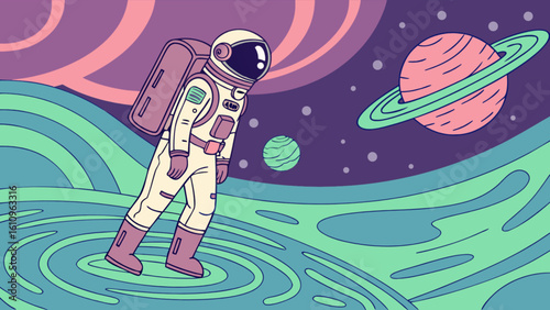 Astronaut floating above rippled surface with planets and stars in a colorful cosmic background scene