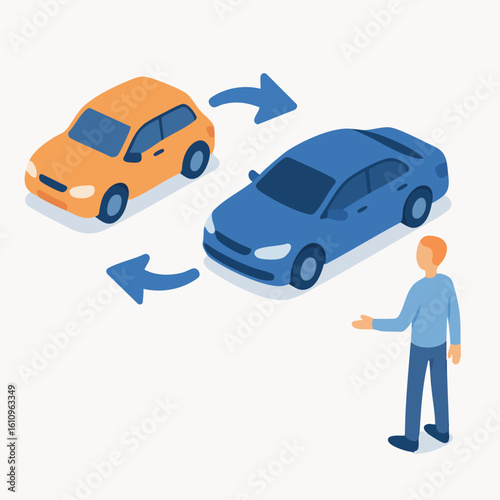 Isometric Car Exchange Illustration with Man Presentation for Automotive Service