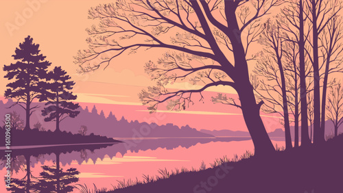 A serene landscape featuring trees reflected in calm water under a pastel colored sunset sky backdrop scene