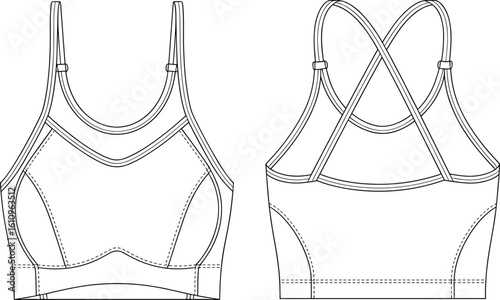 Dynamic women's sports bra flat sketch illustration, front and back views, featuring supportive design and criss-cross straps, ideal activewear apparel template for fitness and exercise.