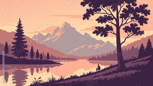 A serene landscape featuring mountains, trees, a lake, and a person enjoying the tranquil scene outdoors