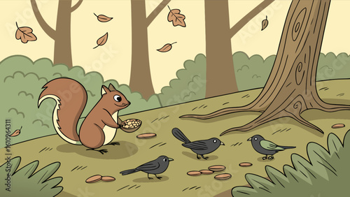 Squirrel holding nuts with birds on the ground and falling leaves in a forest background scene outdoors