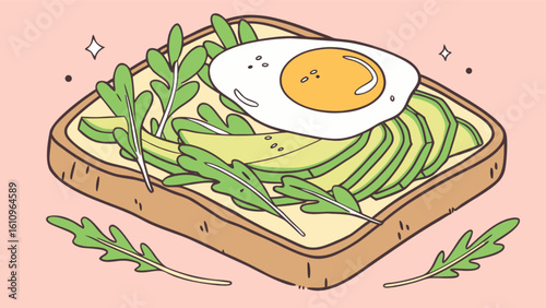Illustration of avocado toast with a fried egg and arugula on a light pink background with sparkles