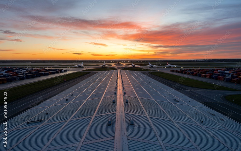Obraz premium Vast Airport Runway Illuminated Under a Fiery Sunset Sky