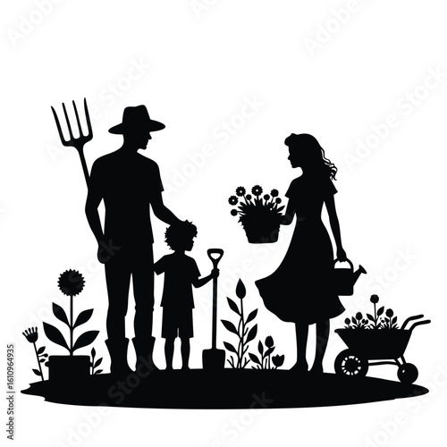 Family gardening together with flowers and tools plants father