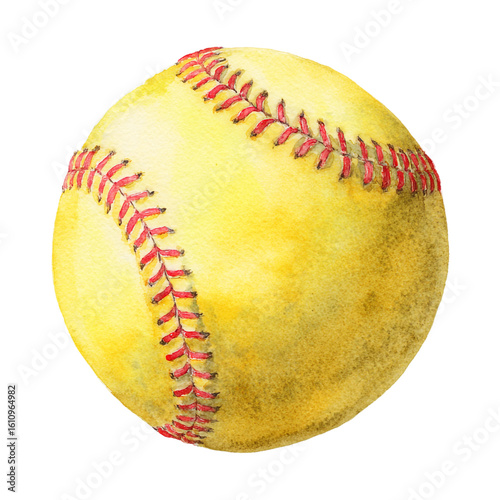 A yellow softball with red stitching on a transparent background