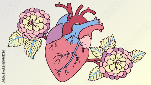 Anatomical heart illustration adorned with two floral arrangements on a light background shade design
